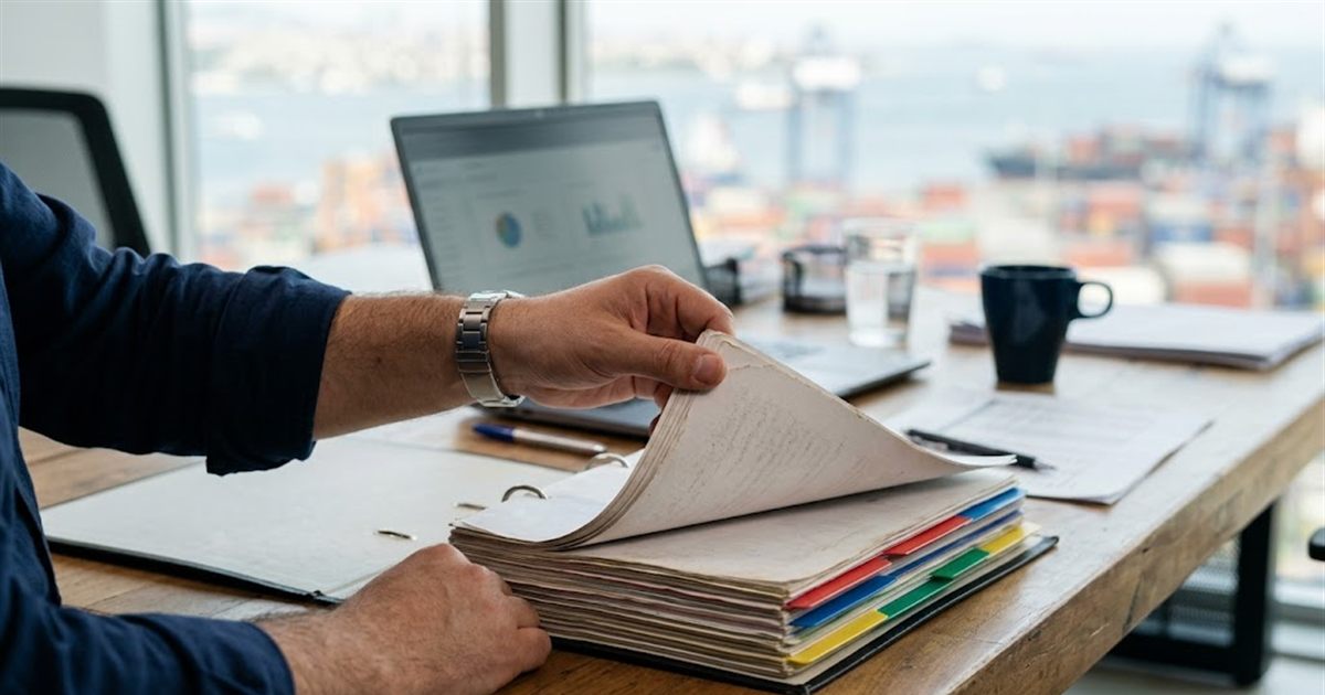 ADR mevzuat dosyasını inceleyen lojistik uzmanı