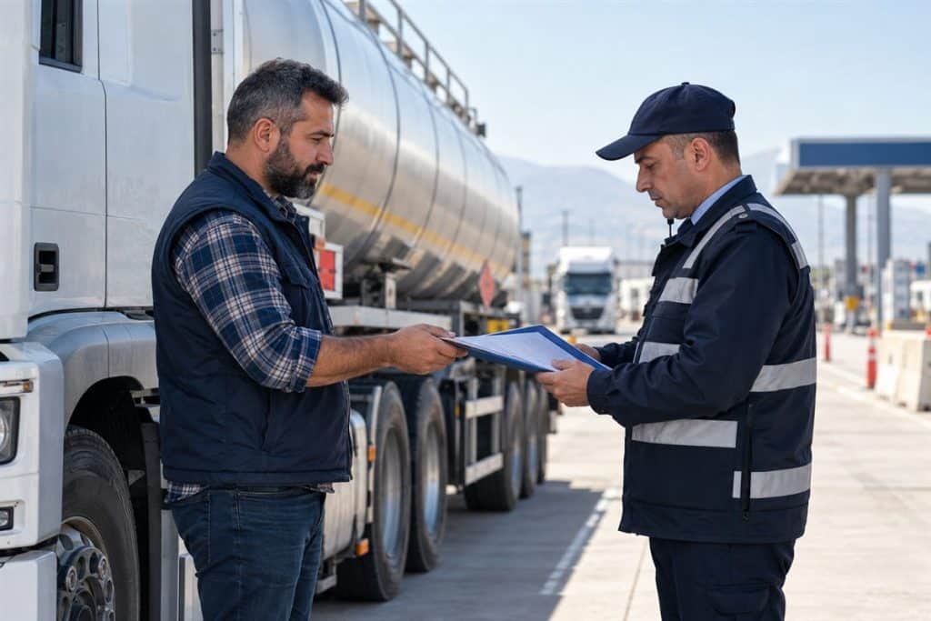 Yol kontrolünde tehlikeli madde taşıma evrakını denetçiye veren sürücü