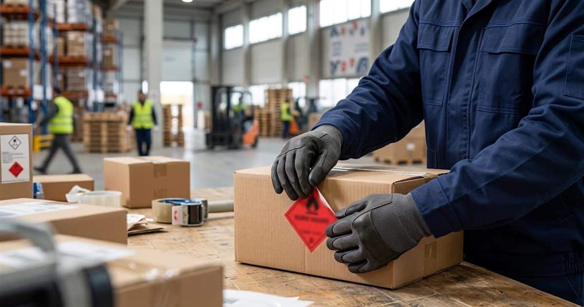 Koli üzerine tehlikeli madde etiketi yapıştıran çalışan