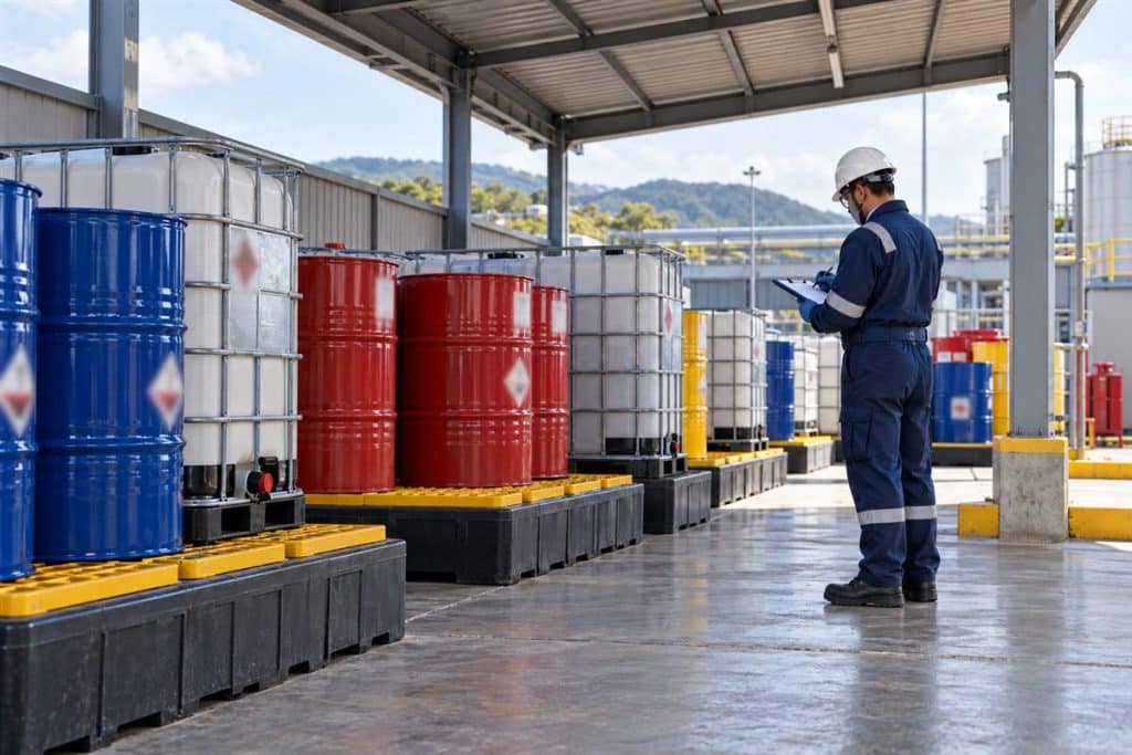Tehlikeli atık geçici depolama alanında sızdırmaz variller ve IBC tanklar